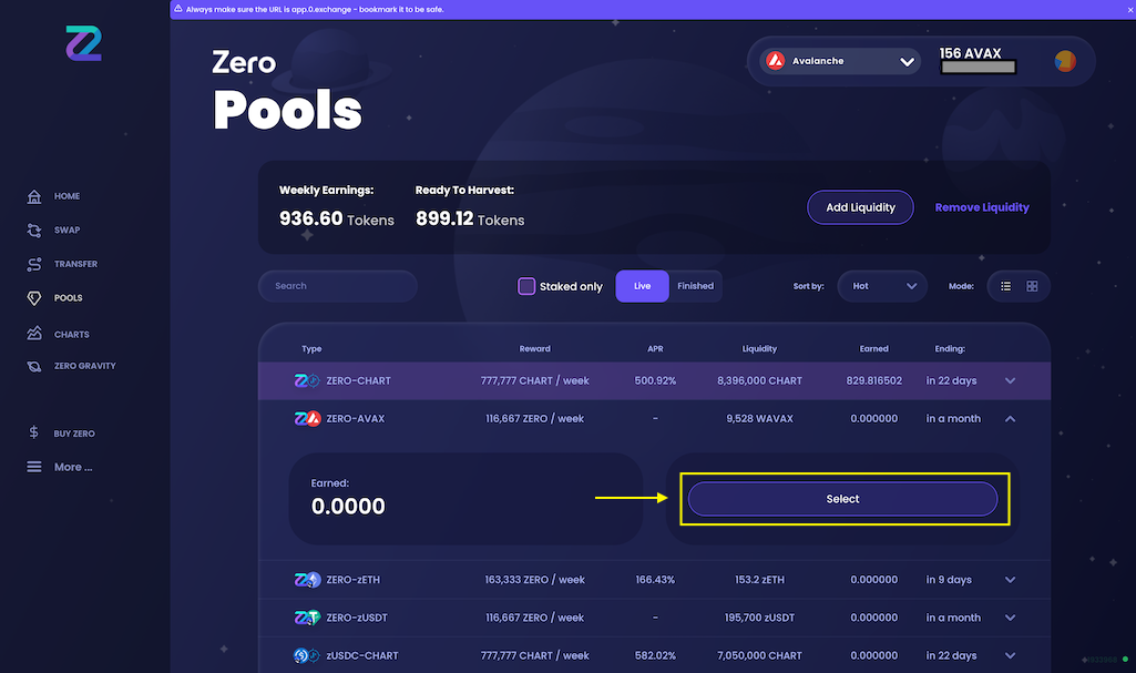 Select liquidity pool