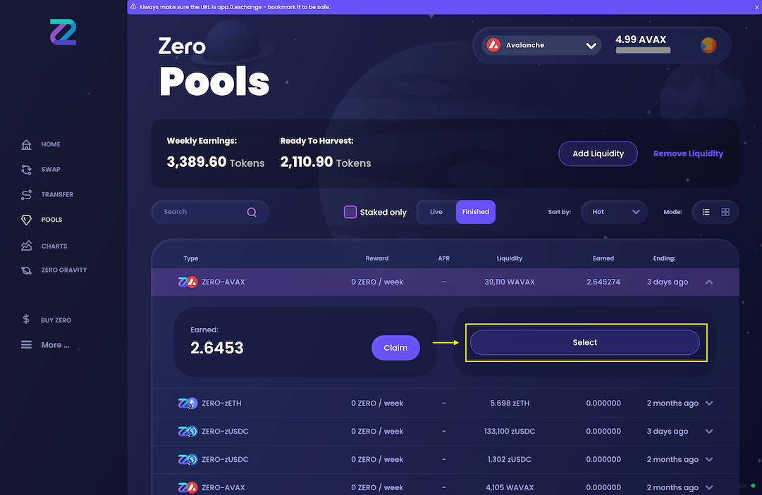 Select liquidity pool